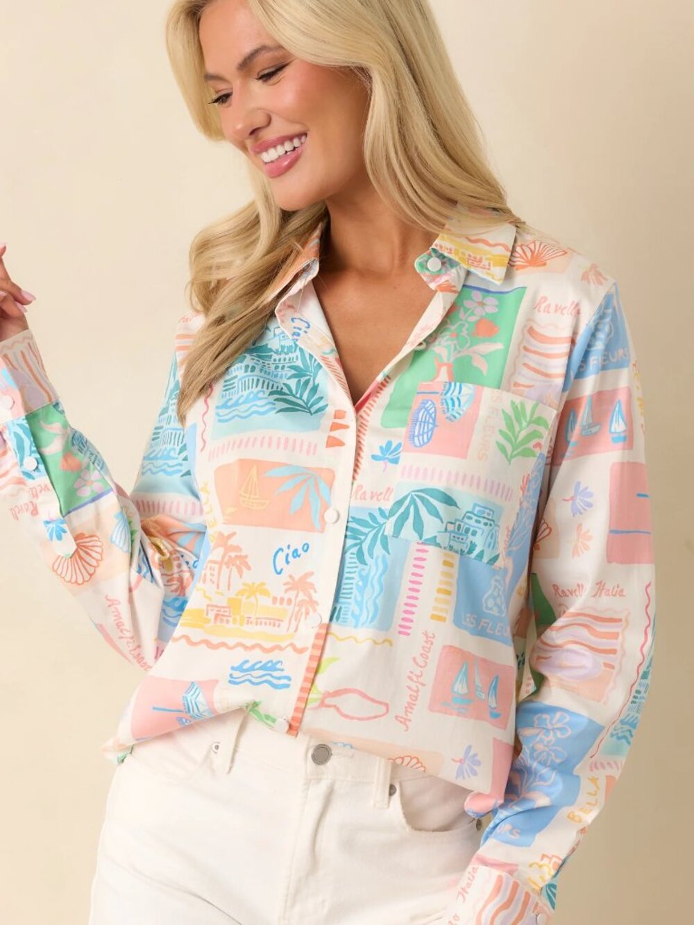Prosperina Paula Multi Print Cotton Button Front Top Size XS (oversized) NWT